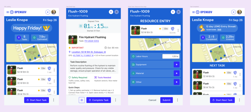 Four mobile screenshots showing the workflow for a field worker.